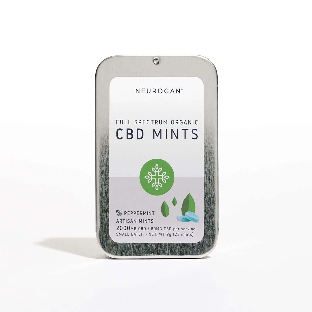 Silver tin of Neurogan CBD Mints with white and lavender label