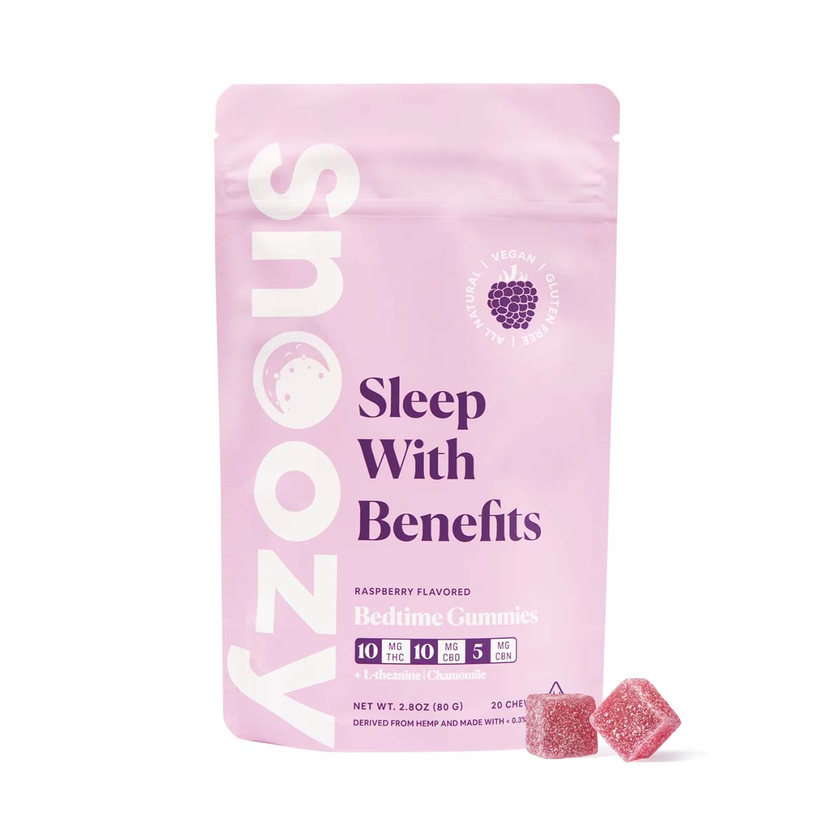 Pink resealable pouch of Snoozy Delta 9 THC Gummies For Sleep next to two pink gummies