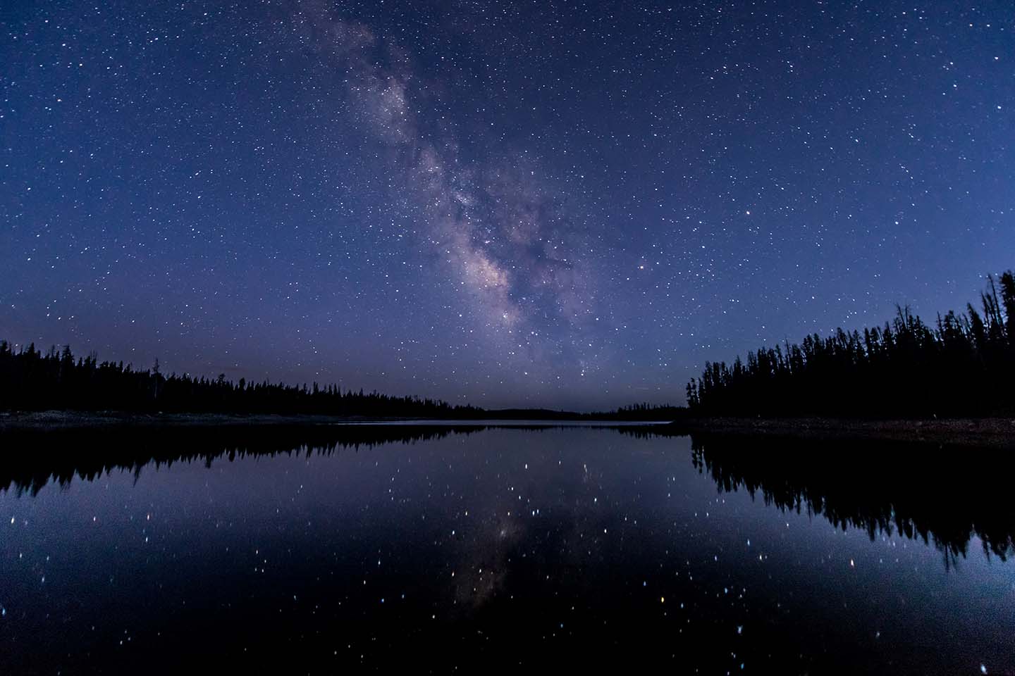 Night sky with stars reflected in a lake