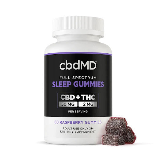 Jar of cbdMD gummies next to three stacked gummies