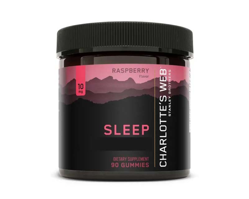 Plastic jar of Charlotte’s Web CBD For Sleep Gummies with black and pink label