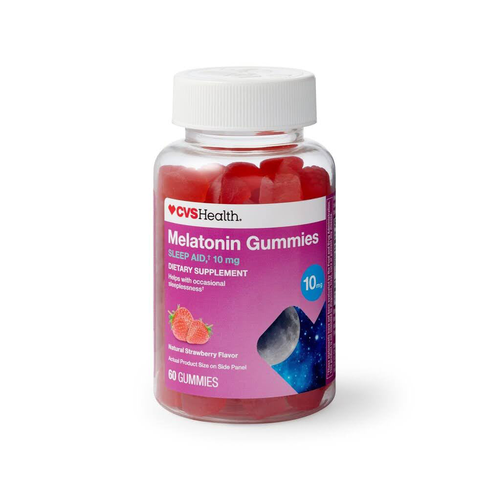 clear plastic jar of CVS Health Melatonin Sleep Aid Gummies filled with red melatonin gummies