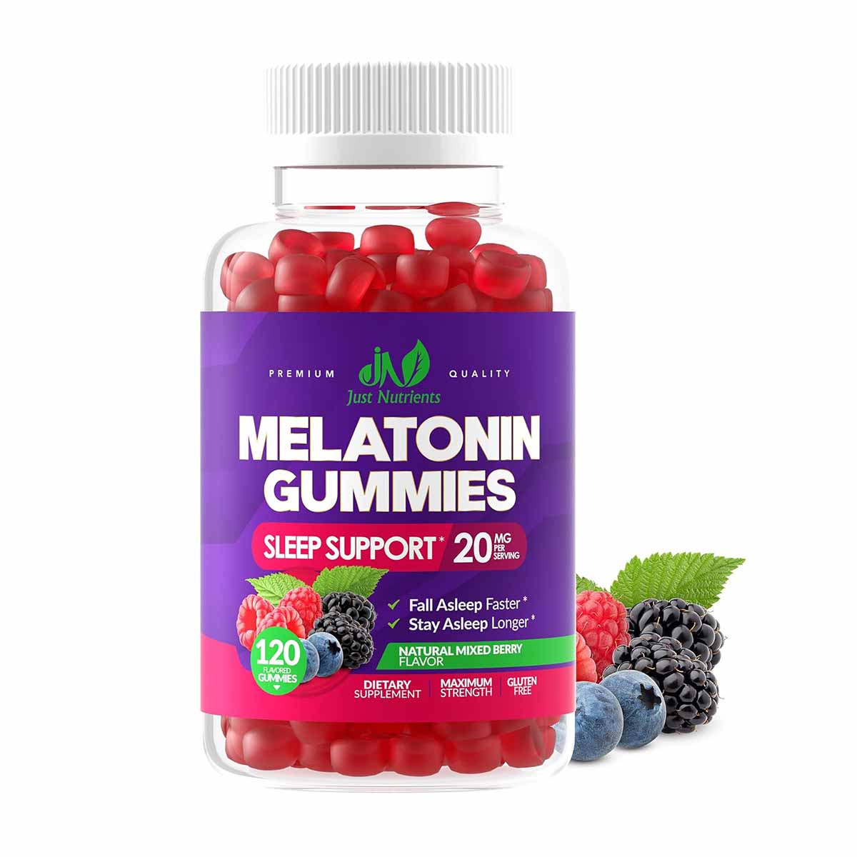 clear plastic jar of Just Nutrients Melatonin Gummies with red gummies in front of images of berries