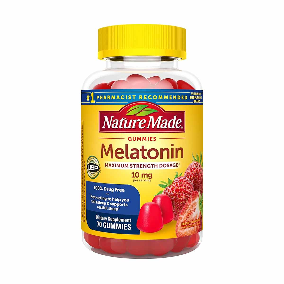 jar of NatureMade Melatonin Gummies with red gummies with yellow label