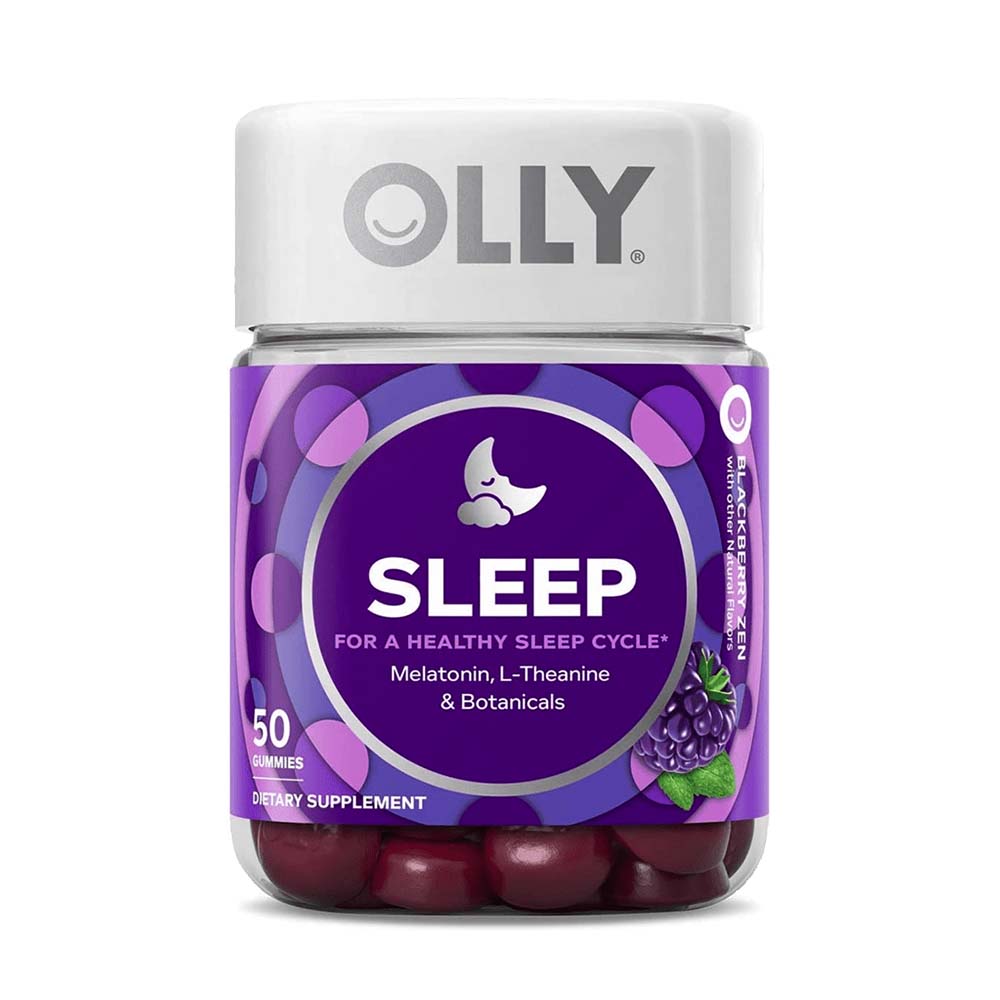 Jar of OLLY Sleep Blackberry Zen with reddish-purple gummies