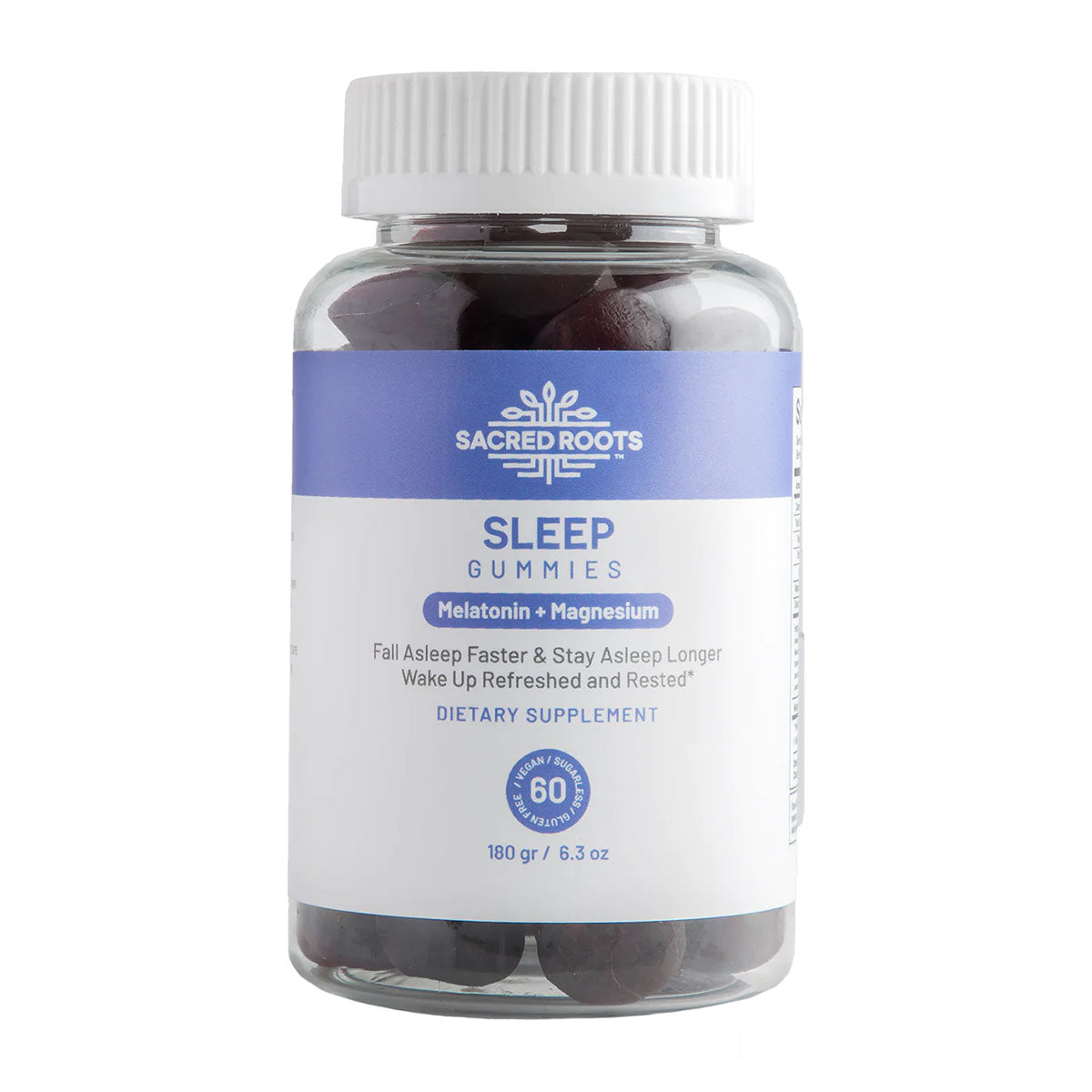 Plastic jar of Sacred Roots Sleep Gummies with dark red melatonin gummies