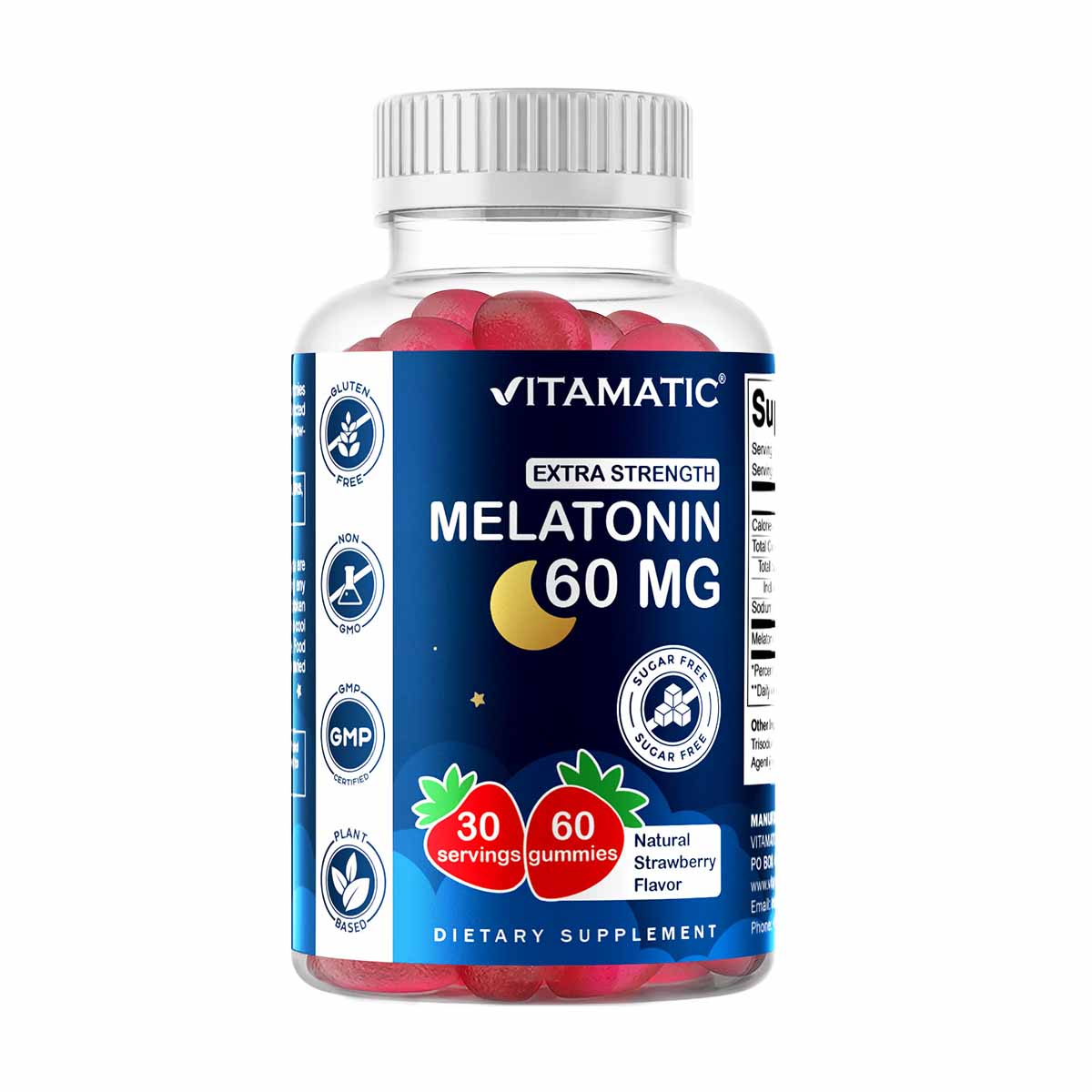 clear plastic jar of Vitamatic Sugar Free Melatonin Gummies with blue label and filled with bright red gummies