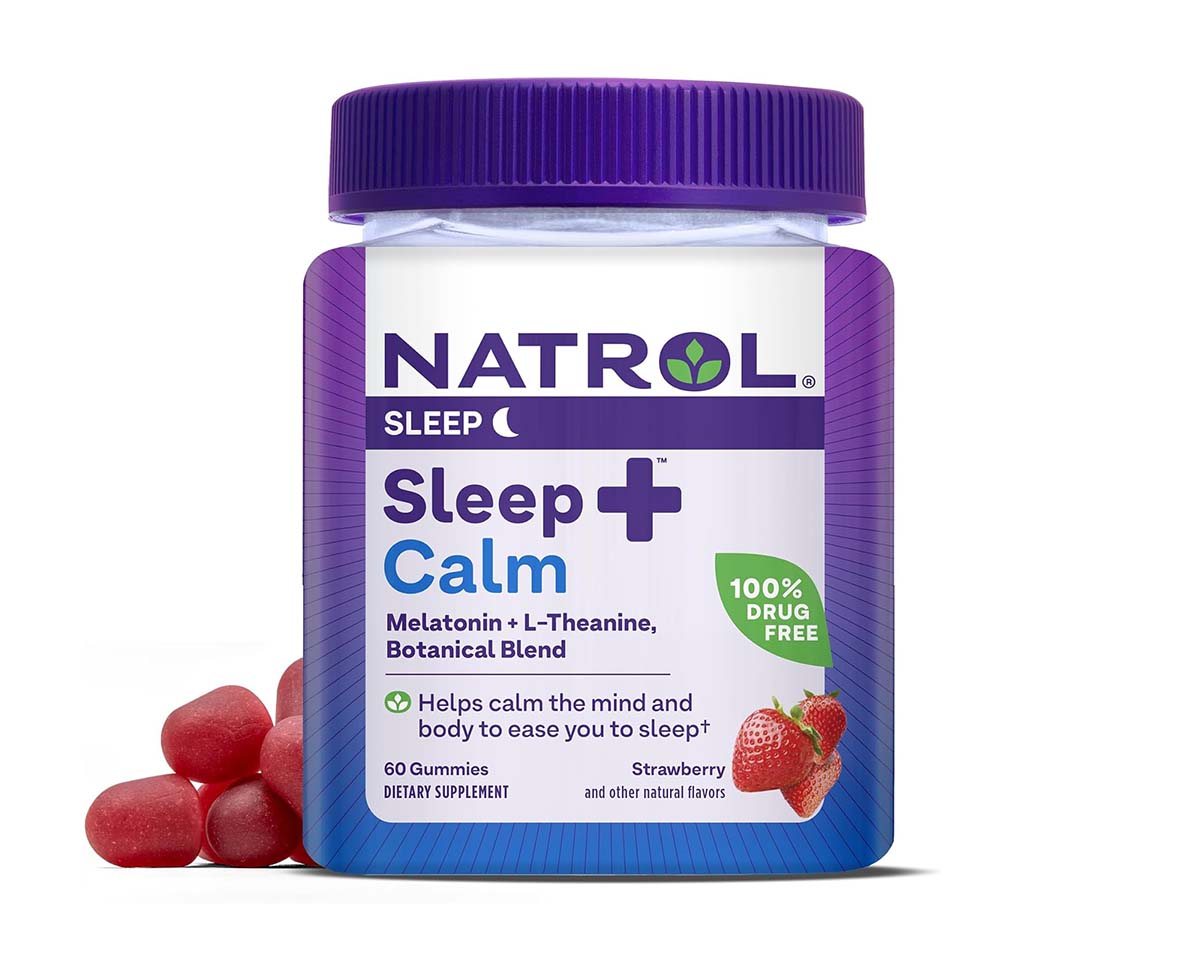 a bottle of Natrol Sleep plus Calm gummies in Strawberry flavor