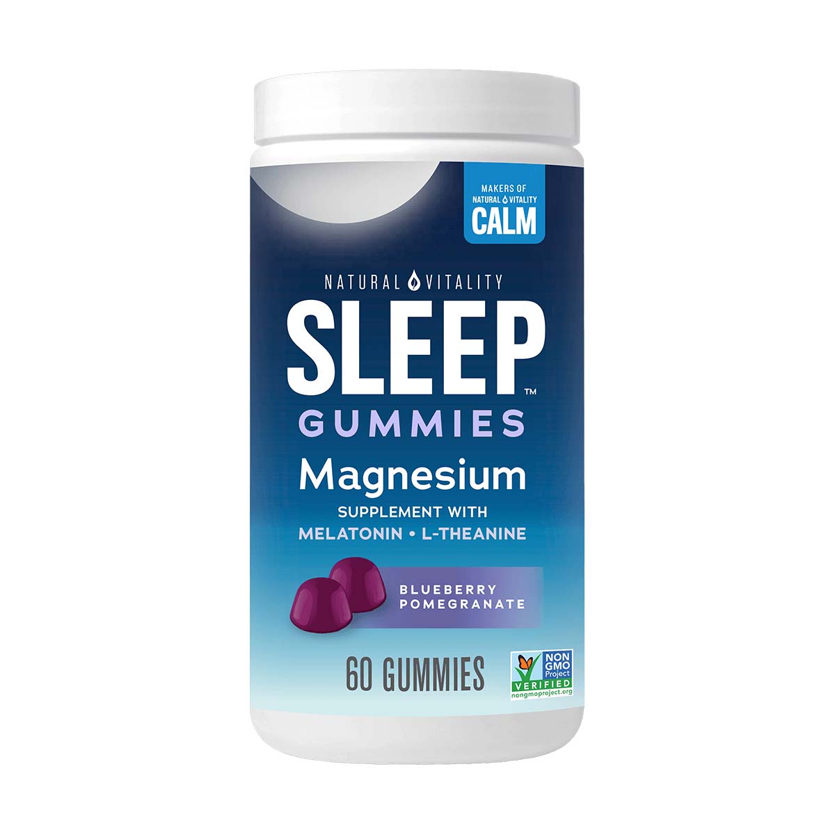 a bottle of Natural Vitality Magnesium Citrate Gummies For Sleep in Blueberry Pomegranate flavor