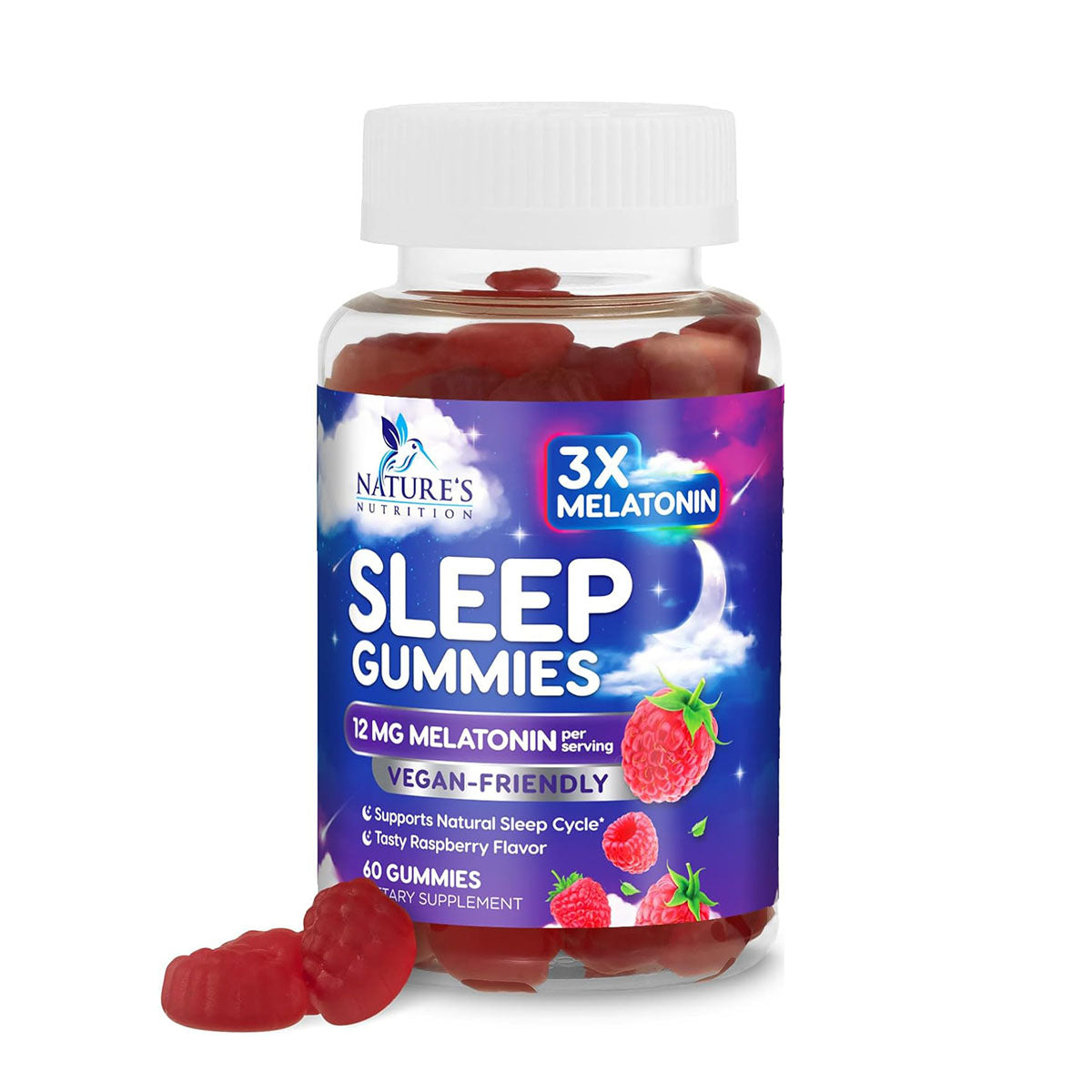 a bottle of Nature's Nutrition Sleep Gummies with 12 mg melatonin and vegan-friendly