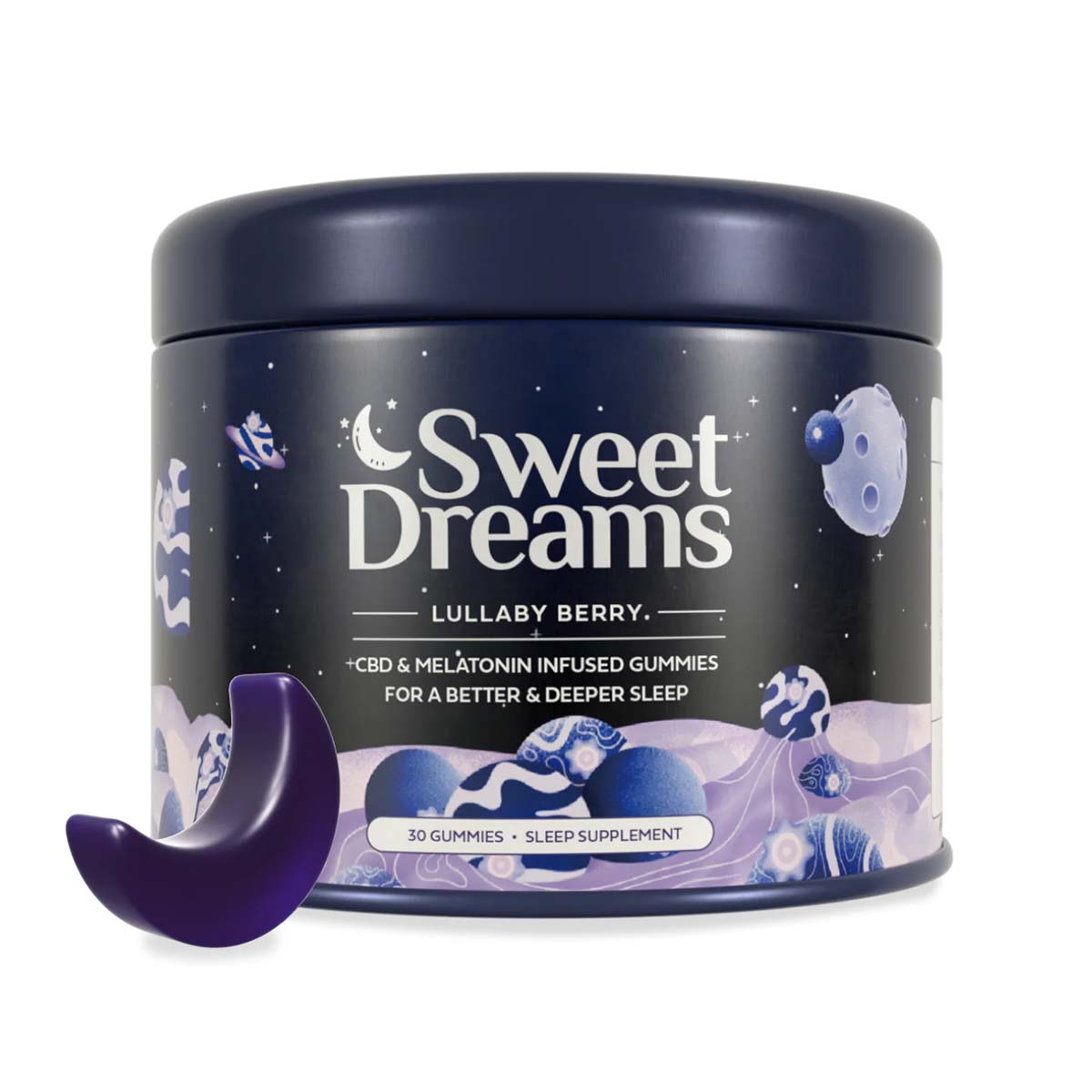 a jar of Sweet Dreams Dream Gummies Plus beside a moon-shaped purple gummy