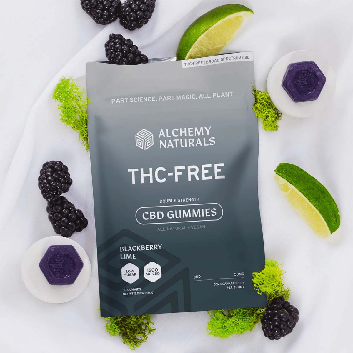 Gray bag of Alchemy Naturals Broad Spectrum CBD Gummies surrounded by fruits, moss, and purple gummies