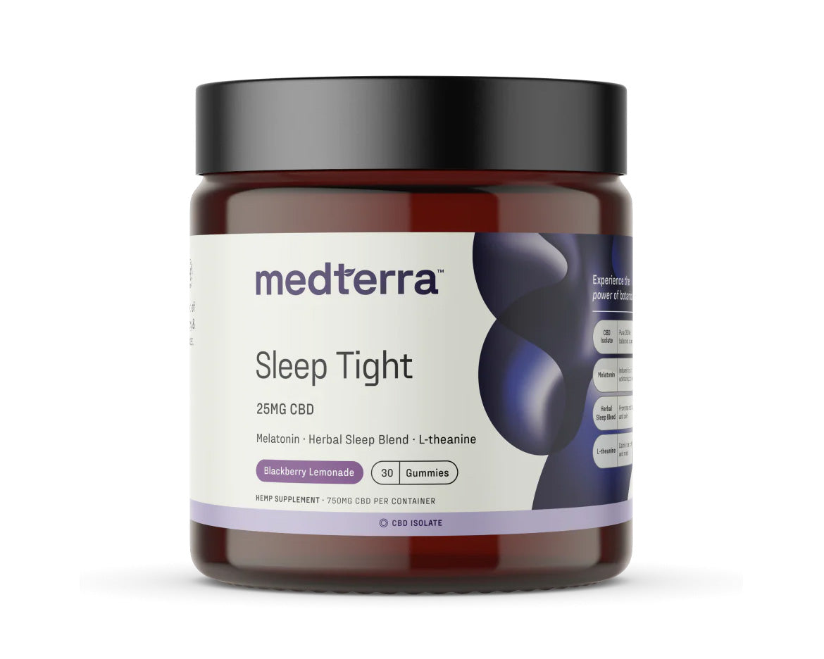 Brown jar of Medterra Sleep Tight Gummies with purple and off-white label