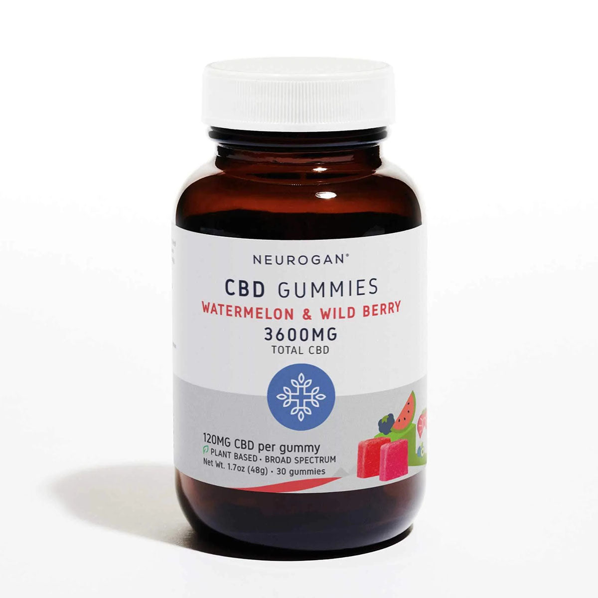 Red plastic bottle of Neurogan THC-Free CBD Gummies in Watermelon and Wild Berry flavor