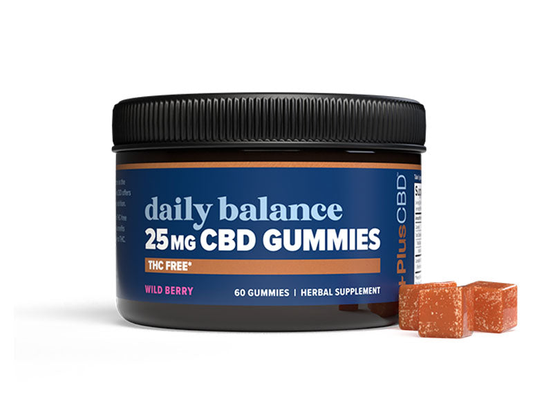 Dark orange CBD gummies next to PlusCBD THC Free Gummies jar with blue and orange label