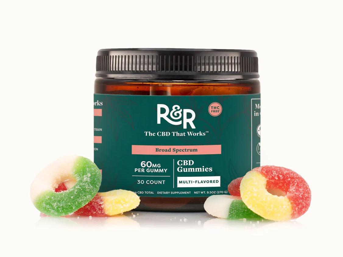 Multicolored gummy rings next to a R&R THC-Free CBD Gummies jar with a green label