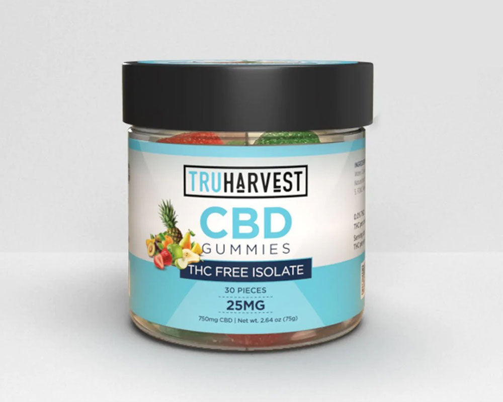 Jar of TruHarvest Isolate CBD Gummies with blue and white label