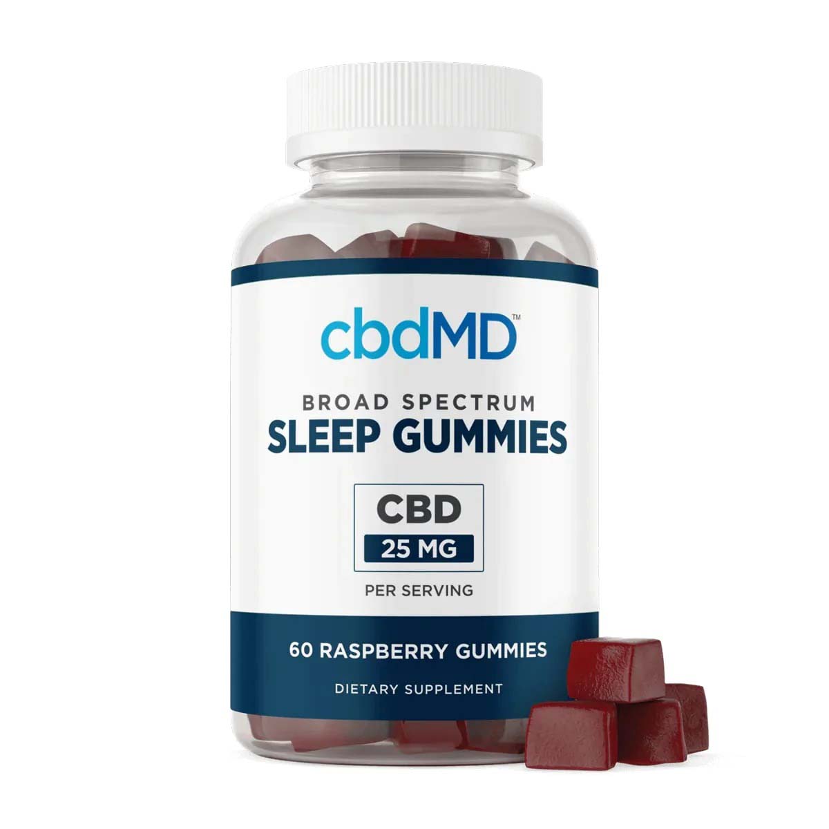 a bottle of cbdMD Broad Spectrum CBD Sleep Gummies in Raspberry flavor