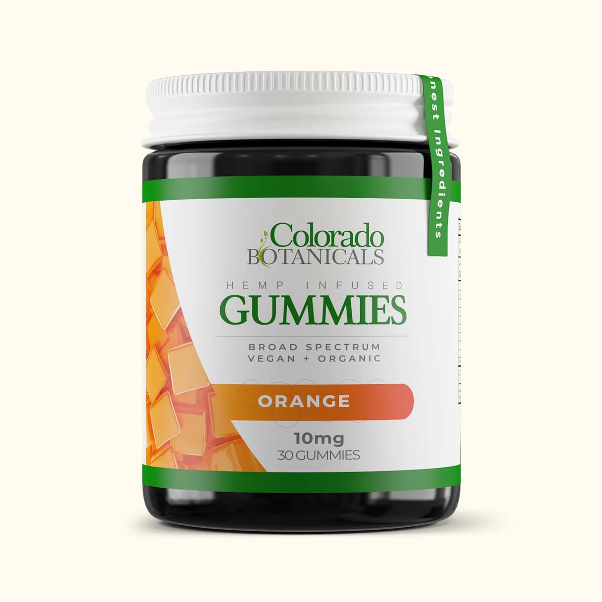 jar of Colorado Botanicals Broad Spectrum CBD Gummies with green, white, and orange label