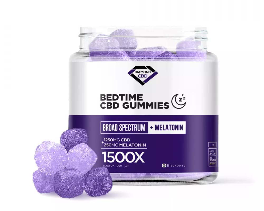 light purple CBD gummies next to open jar of Diamond CBD 30 mg Bedtime CBD Gummies with white and purple label