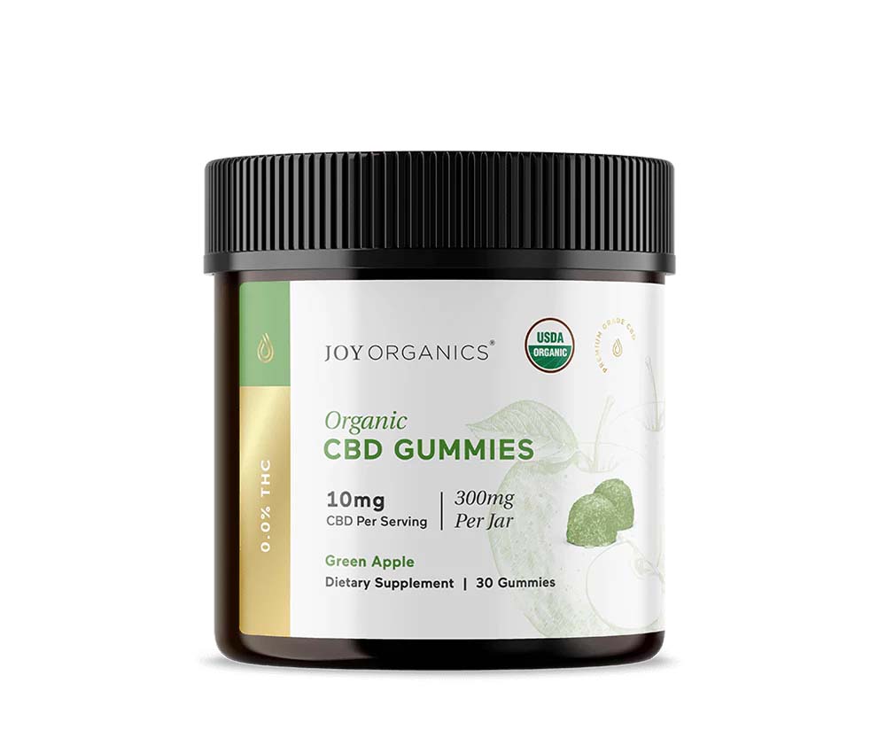 jar of Joy Organics Organic CBD Gummies with white, green, and gold label