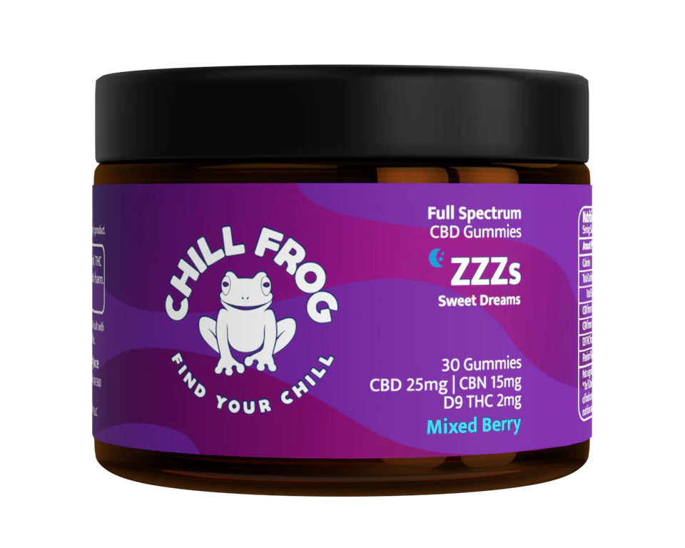 a dark brown jar of Chill Frog ZZZs Sweet Dreams Full Spectrum CBD Gummies with purple label