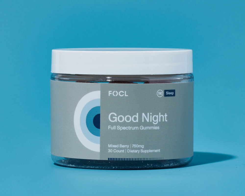 a jar of FOCL Good Night Full Spectrum Sleep Gummies