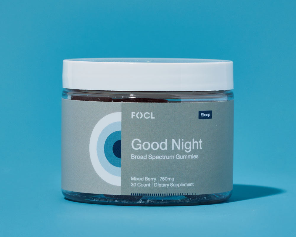 A jar of FOCL Good Night Broad Spectrum Sleep Gummies