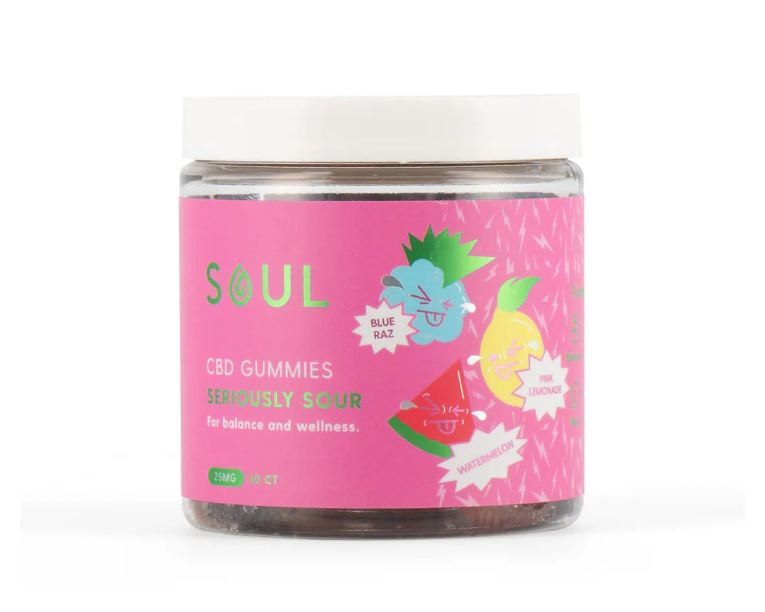 a jar of Soul CBD Gummies in Seriously Sour flavor with pink label