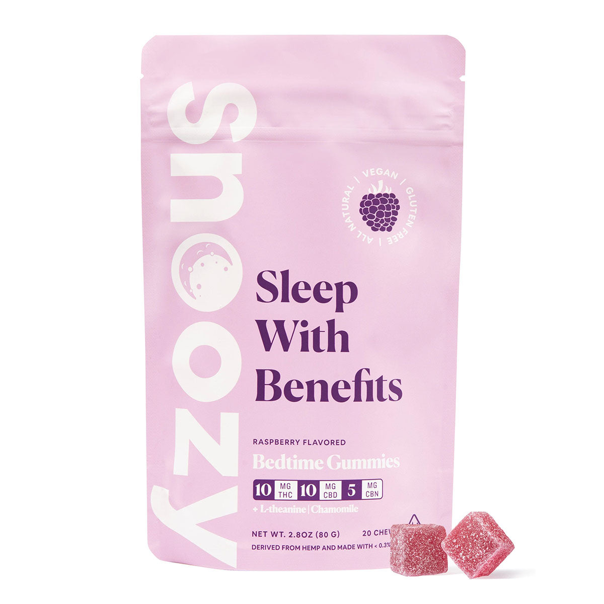 a resealable pouch of Snoozy Sleep with Benefits Raspberry Flavored Gummies