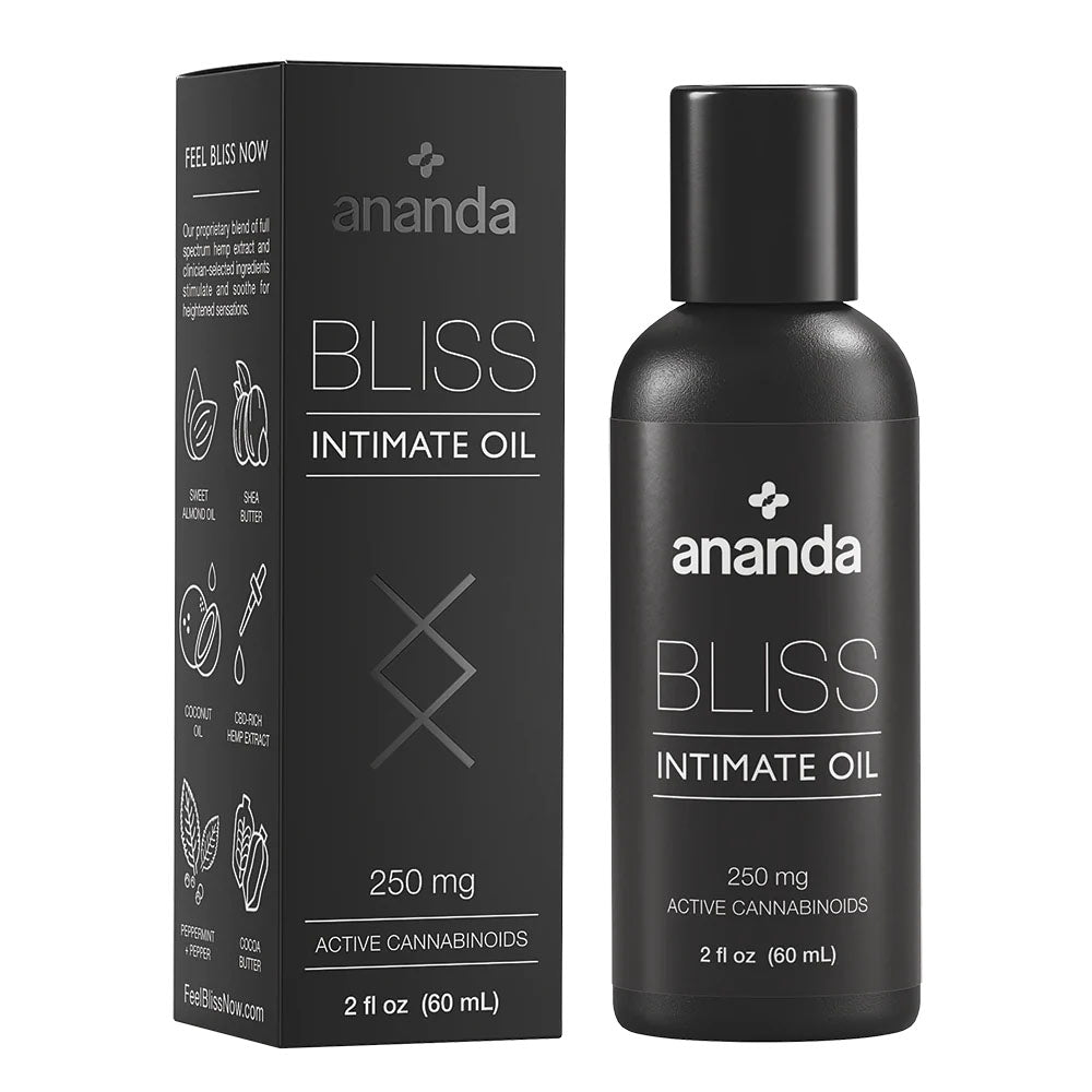 A head on shot of a bottle of Ananda Bliss Intimate Oil and the box it comes in.