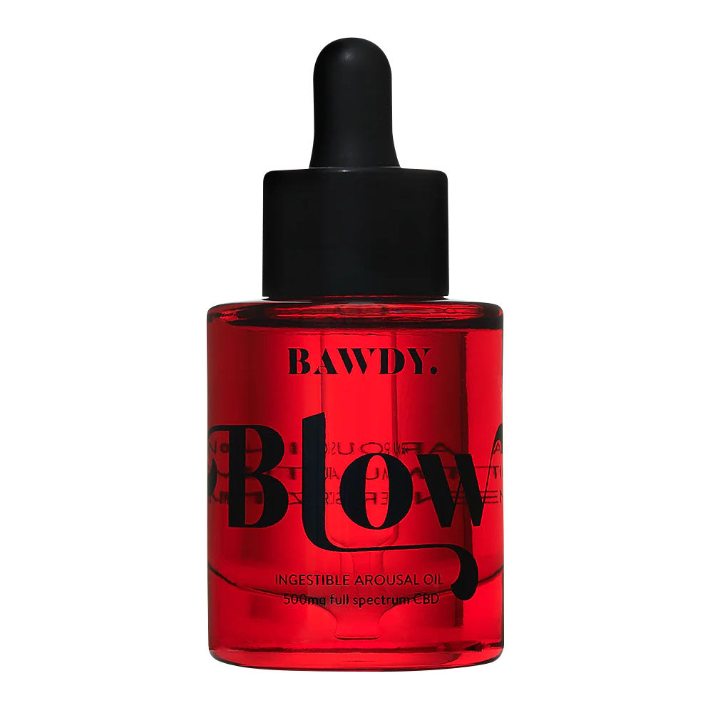A red-tinted shot of a bottle of Bawdy Blow Arousal Oil.
