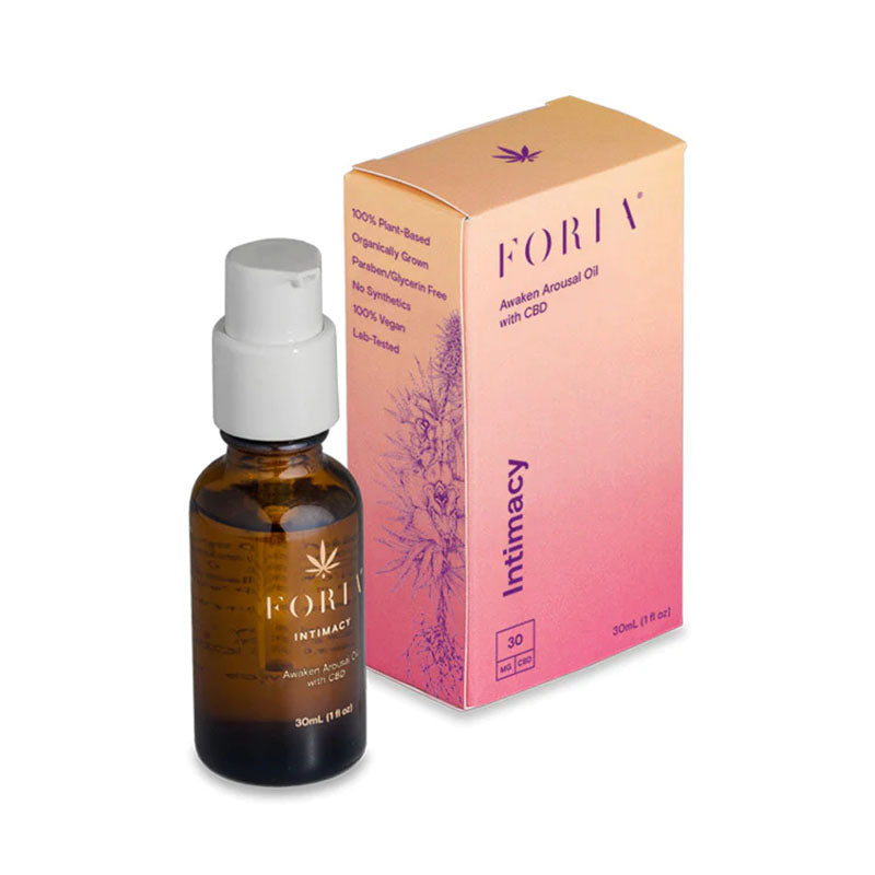 A product shot of Foria Awaken Arousal Oil with CBD and its packaging taken from 45 degrees to the right.