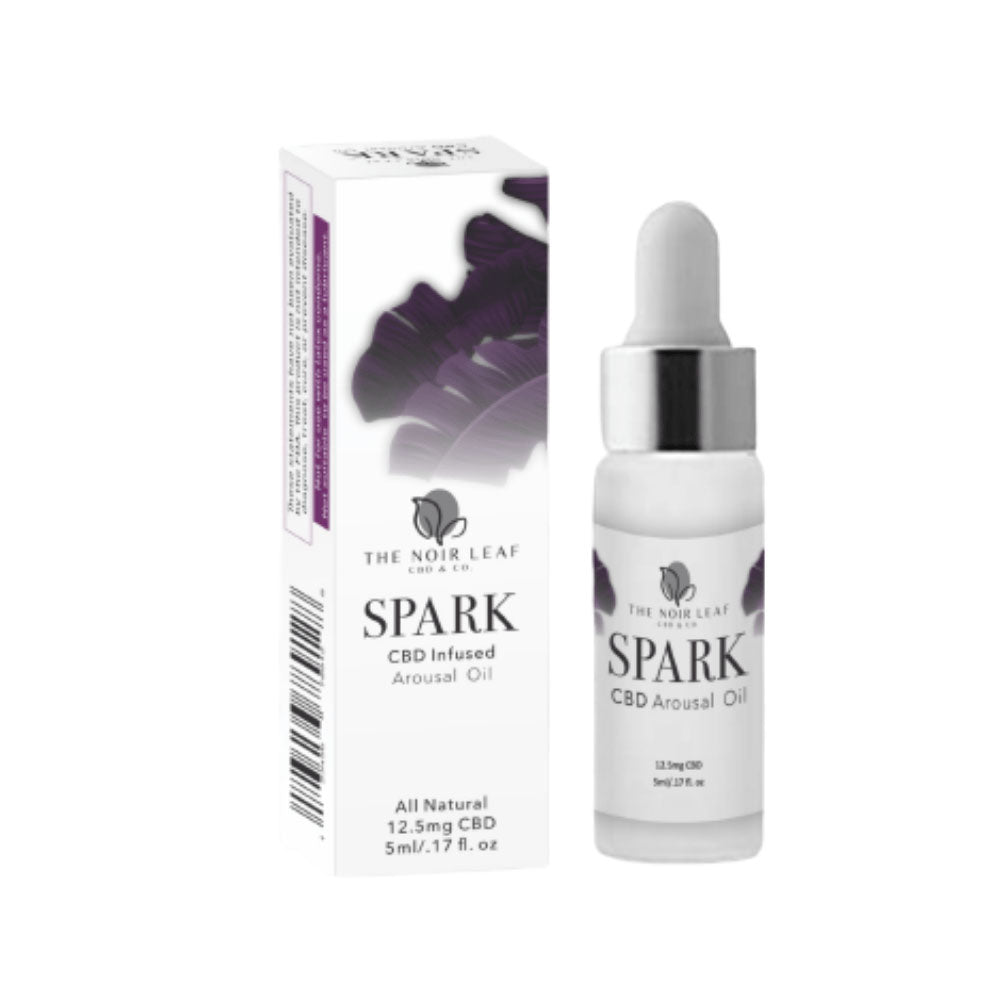 A head on product shot of a bottle of the Noir Leaf Spark arousal oil and its packaging.