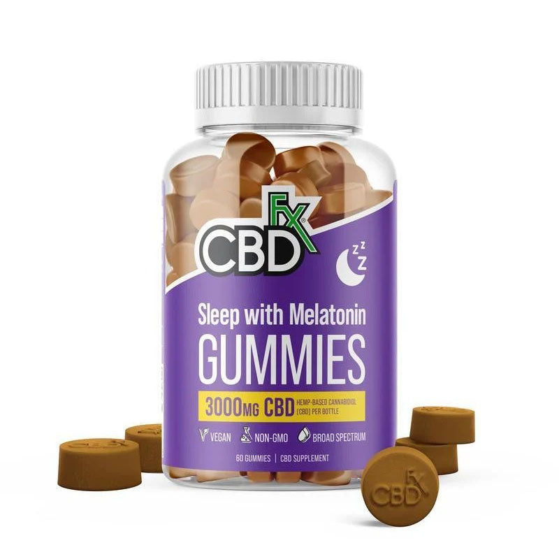 a bottle of CBDfx CBD Gummies For Sleep With Melatonin surrounded with brown gummies