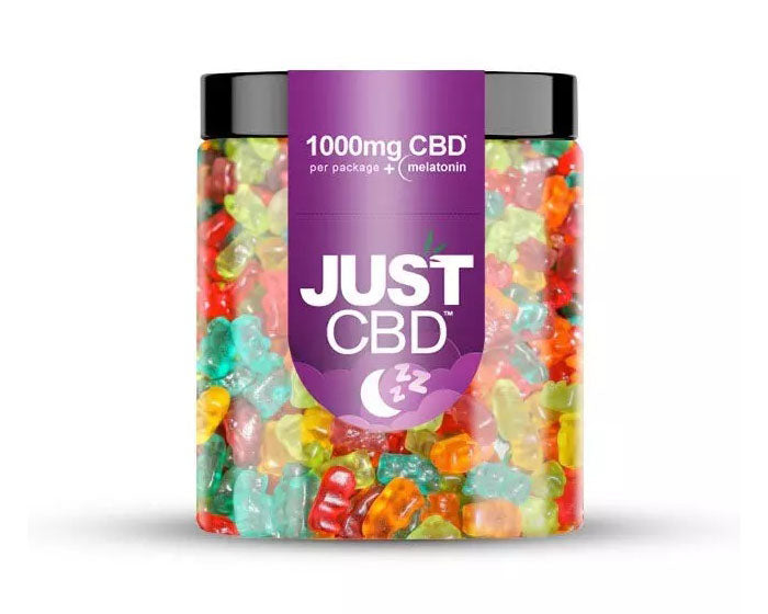 a jar of Just CBD Gummies For Sleep covered with colorful gummies printed as label