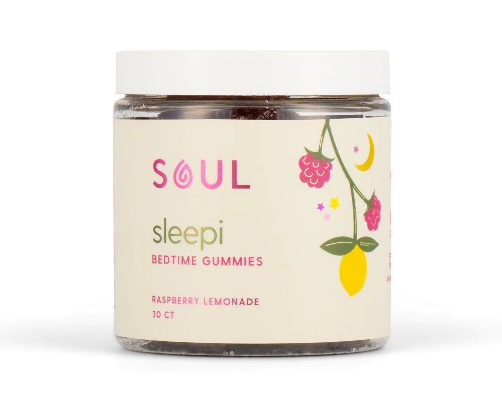 a jar of Soul Sleepi Gummies with beige and pink label