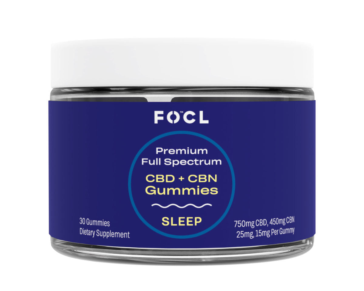 a blue jar of FOCL CBD Gummies For Sleep