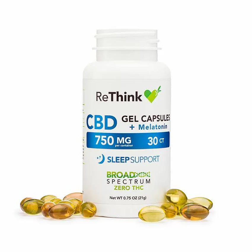 Container of ReThink CBD supplements surrounded by softgels