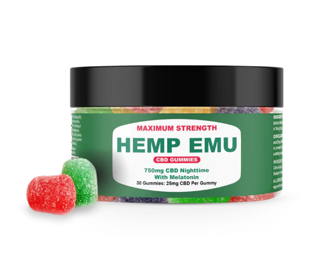 Red and green gummies next to jar of Hemp Emu CBD Nighttime Gummies with green label