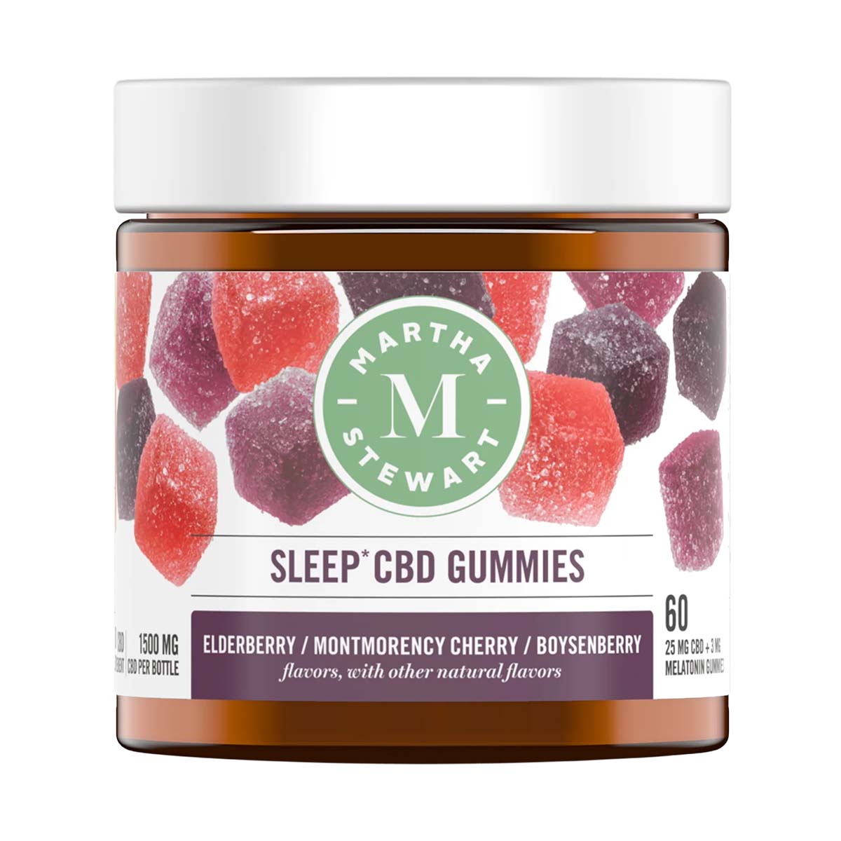 Jar of Martha Stewart Sleep CBD Gummies with pictures of gummies in shades of red and purple
