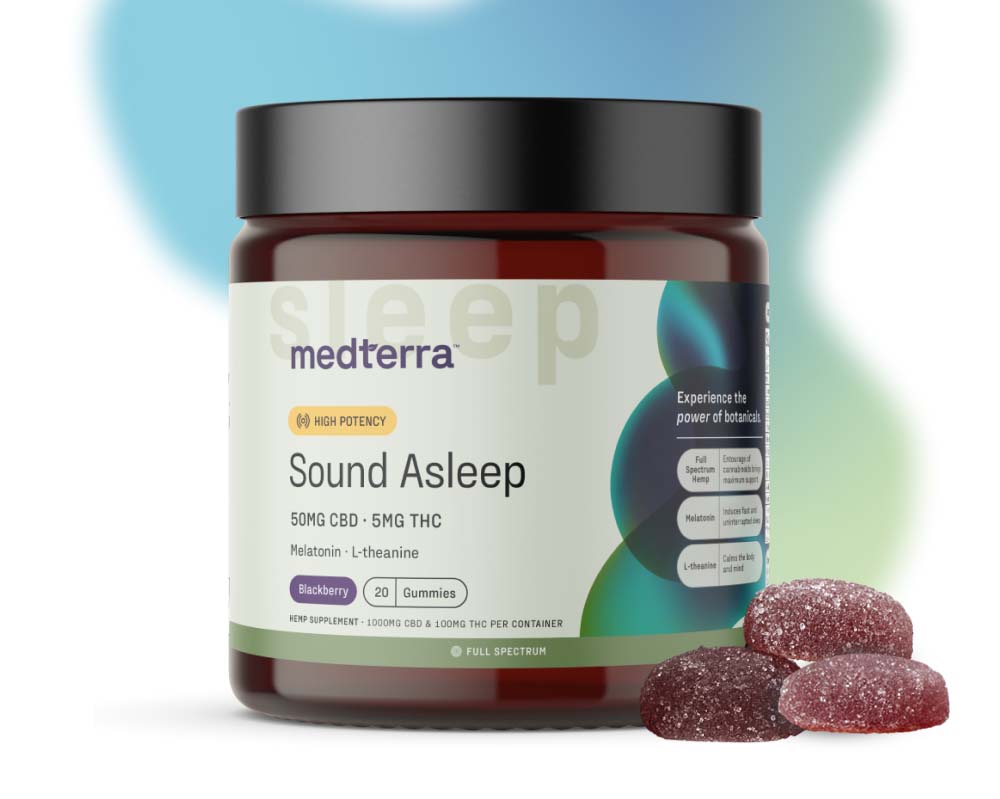 Three dark red gummies next to jar of MedTerra Sound Asleep Gummies