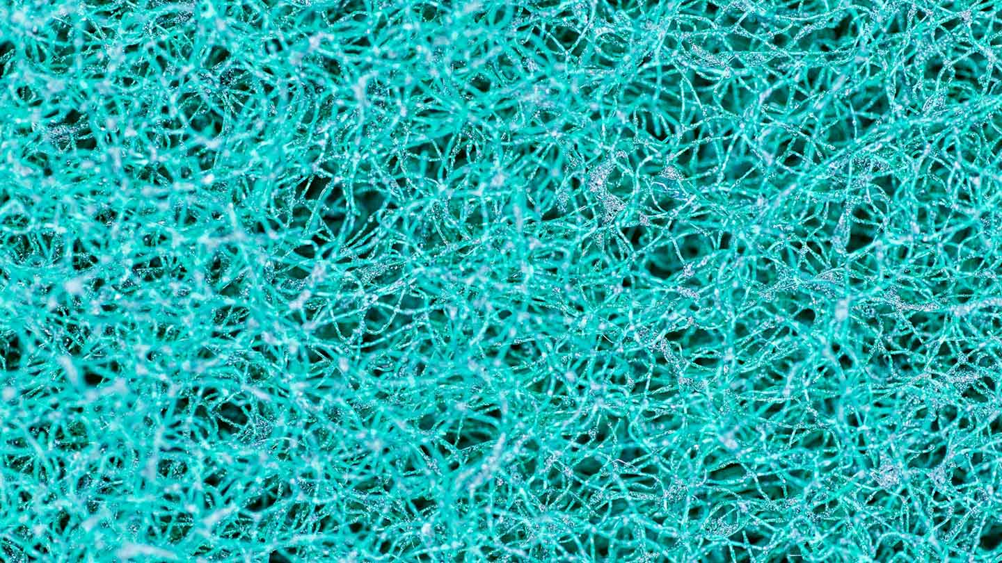 a complex web of blue-green threads