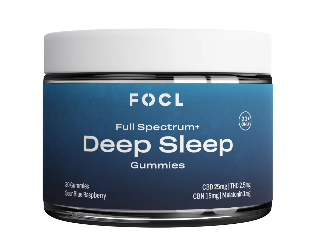 Jar of FOCL Deep Sleep CBD Gummies with a dark blue label