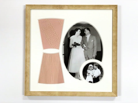 framed image of the bodice of a pink pastel wedding dress and black and white photographs of a young couple and young children