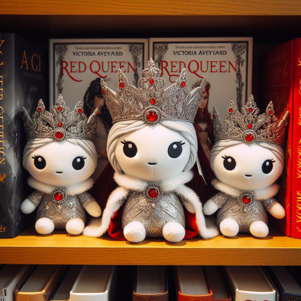 Custom plush toys from the book Victoria Aveyard's "Red Queen" series are kept on a book shelf.
