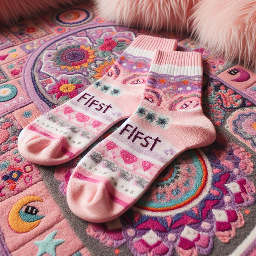 Pink custom socks on a carpet to celebrate Women's Day.