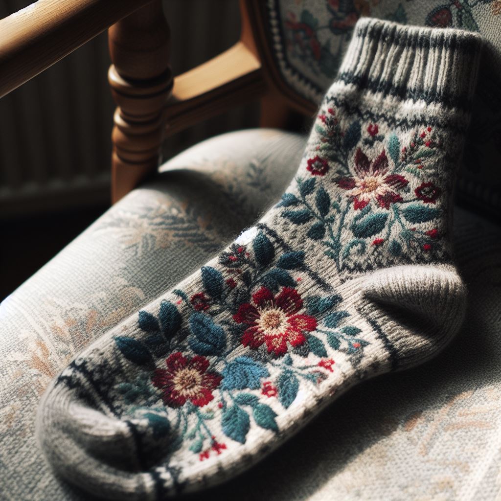 A woolen custom sock with a floral design on a chair.