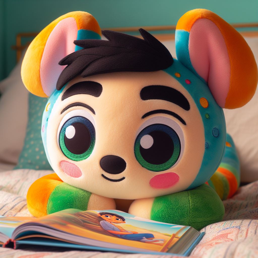 A cute and colorful custom plush toy reading a book.