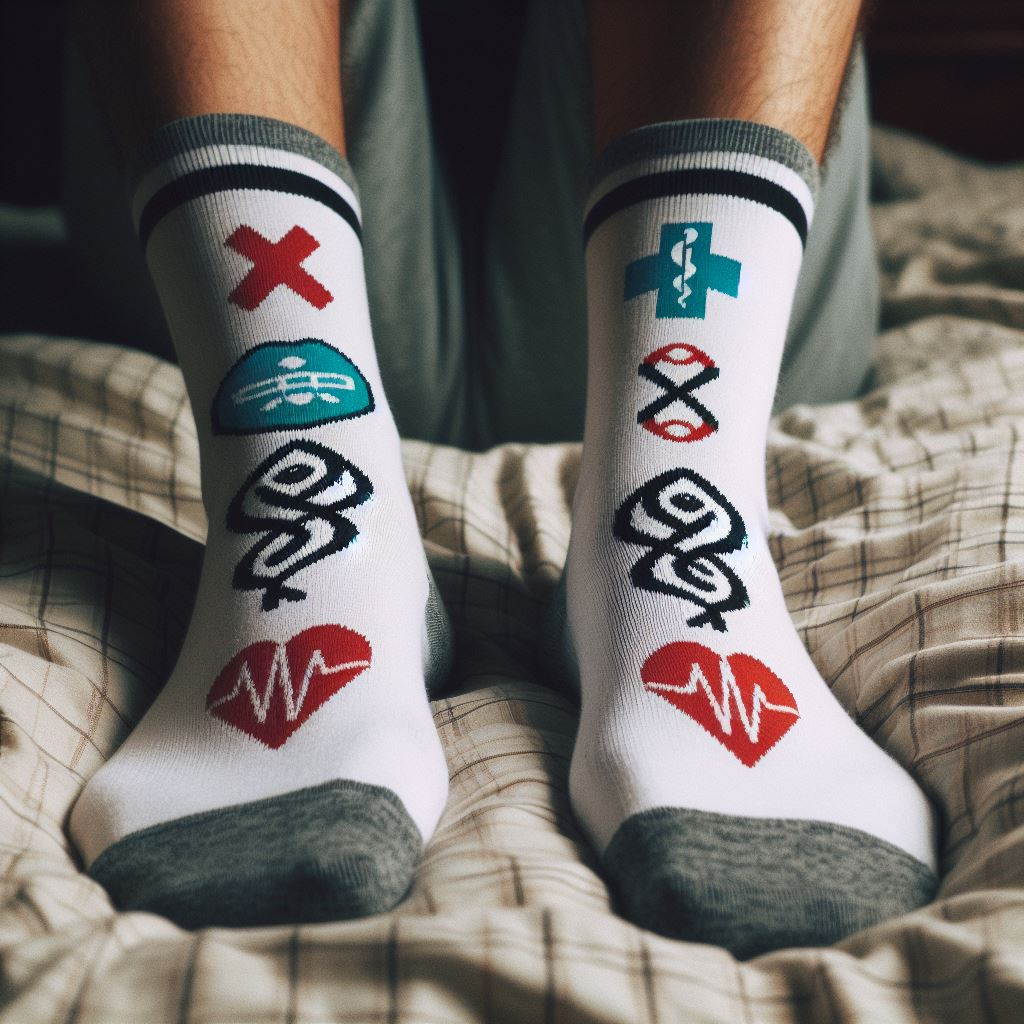 A person sitting with custom socks with medical awareness symbols on them.
